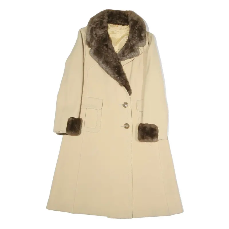 Womens Beige & Brown Faux Fur Collar Button Jacket S Polyester Blend Classic 1