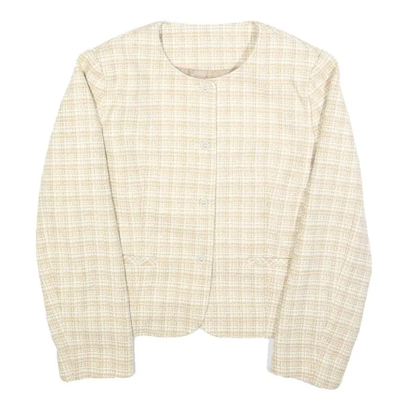 Womens Beige & Cream Checked Button Jacket L Polyester Blend Classic Tailored 1