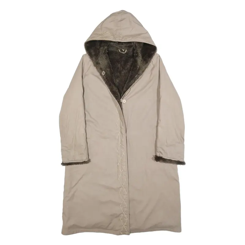 Womens Beige Hooded Jacket S Cotton Blend Plain Button Closure Long Sleeve 1