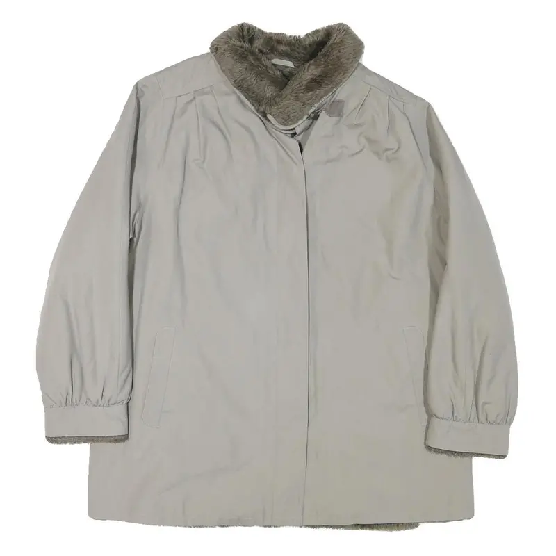 Womens Beige Jacket L Polyester Blend Plain Button Closure Faux Fur Collar Warm 1