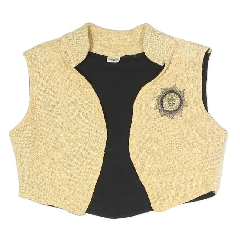 Womens Beige Knitted Sleeveless Jacket S Polyester Blend Plain Unique Brooch 1