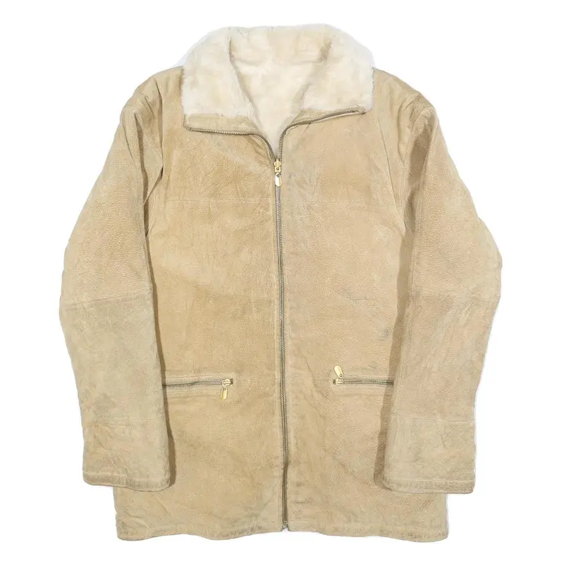 Womens Beige Leather Faux Fur Collar Full Zip Jacket M Suede Winter Outerwear 1