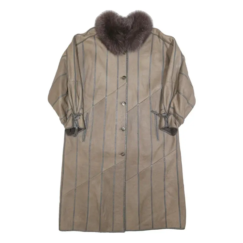 Womens Beige Leather Jacket M Button Front Fur Collar Plain Classic Fit 1