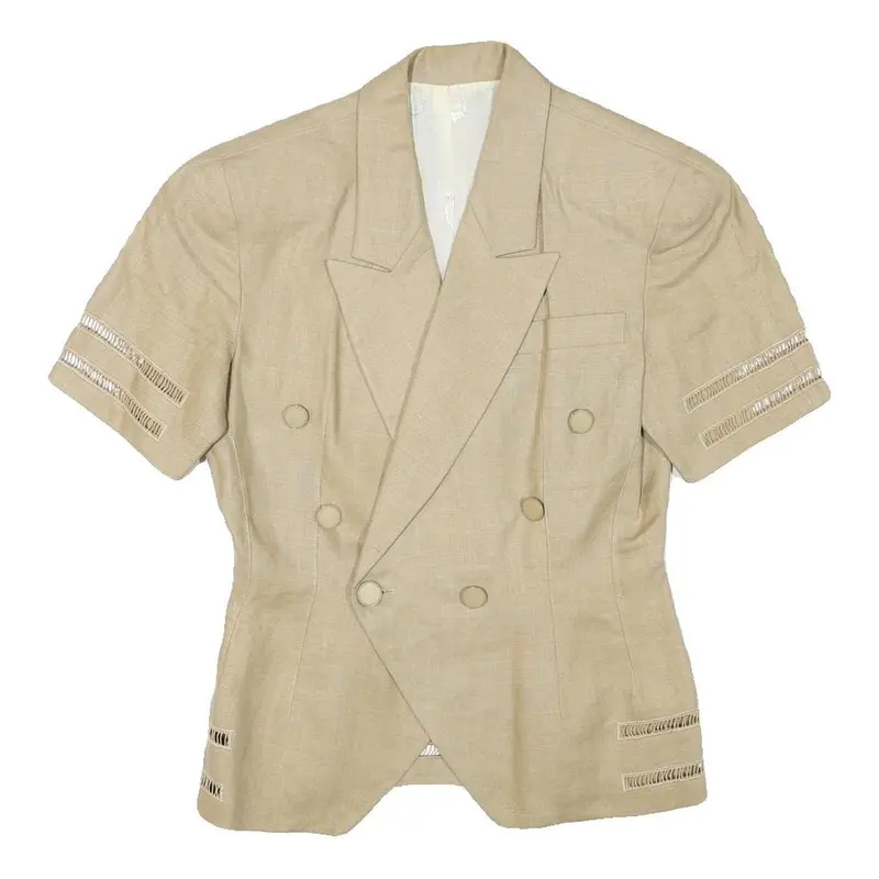 Womens Beige Linen Blend Button Short Sleeve Tailored Jacket Xs Plain Summer 1