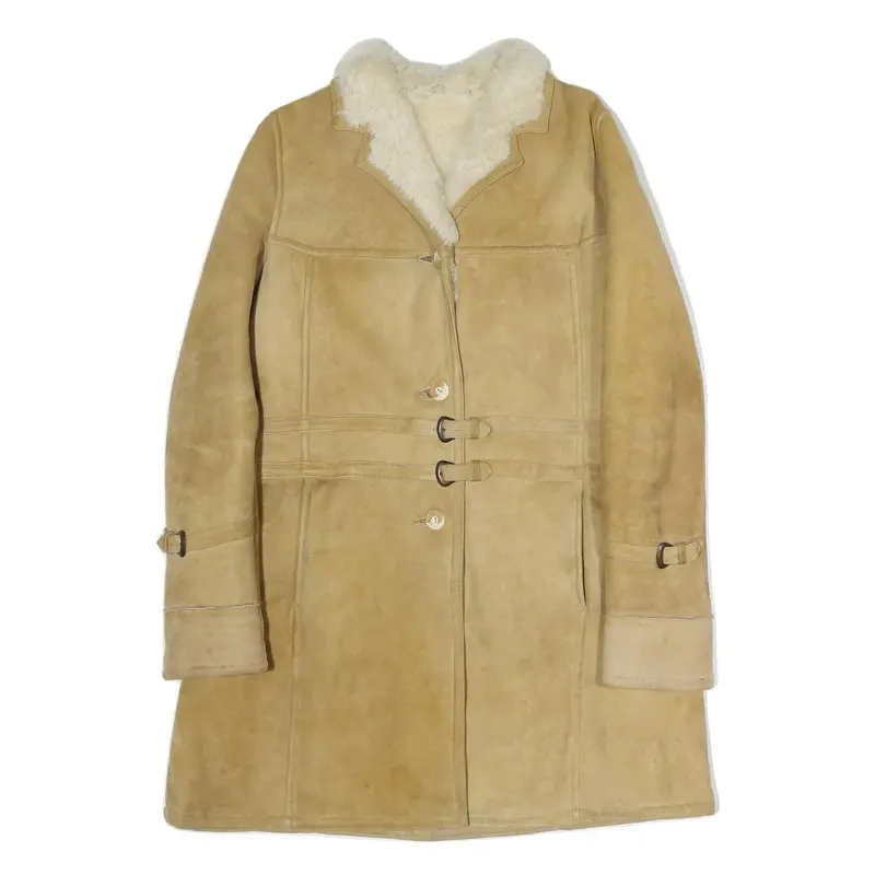 Womens Beige Shearling Button Jacket S Polyester Blend Classic Winter Outerwear 1