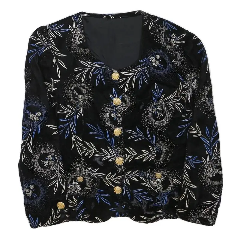 Womens Black & Blue Floral Button Jacket S Polyester Blend Elegant Patterned 1
