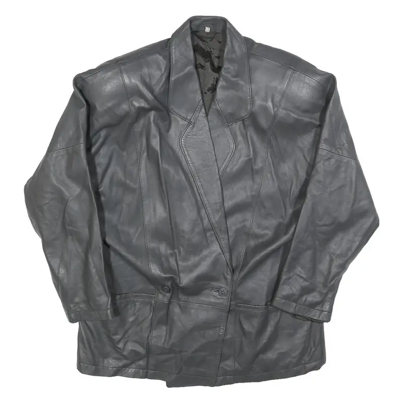 Womens Black Button Leather Jacket L Leather Plain Classic Outerwear 1