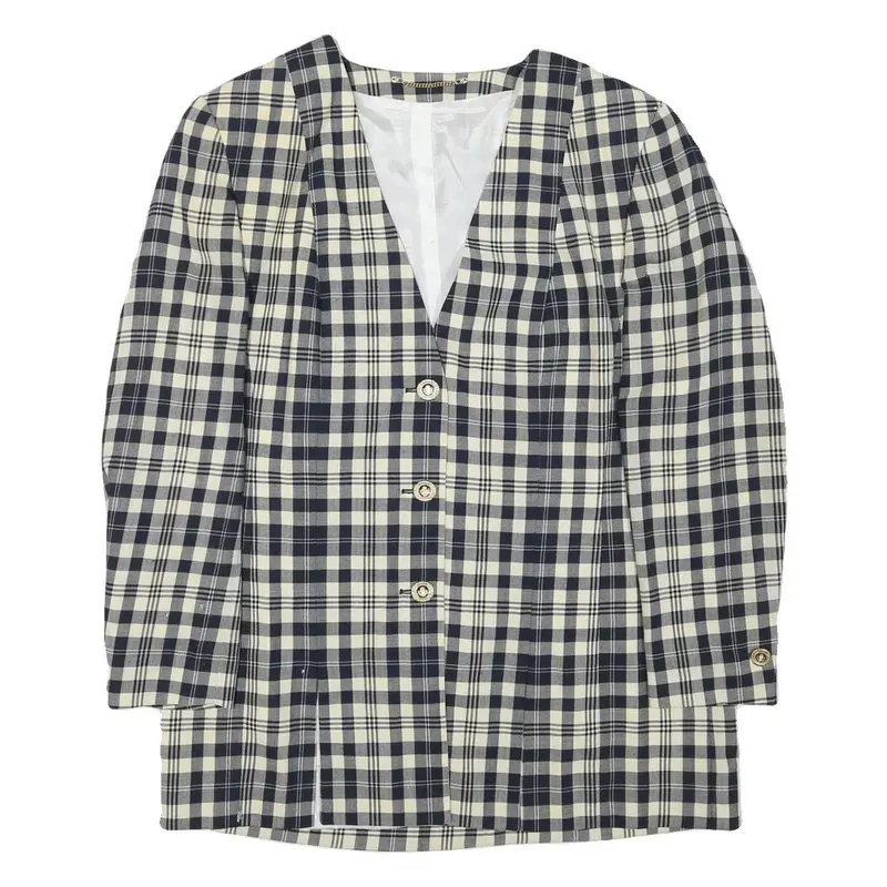 Womens Black & Cream Check Button Jacket L Wool Blend Classic 1