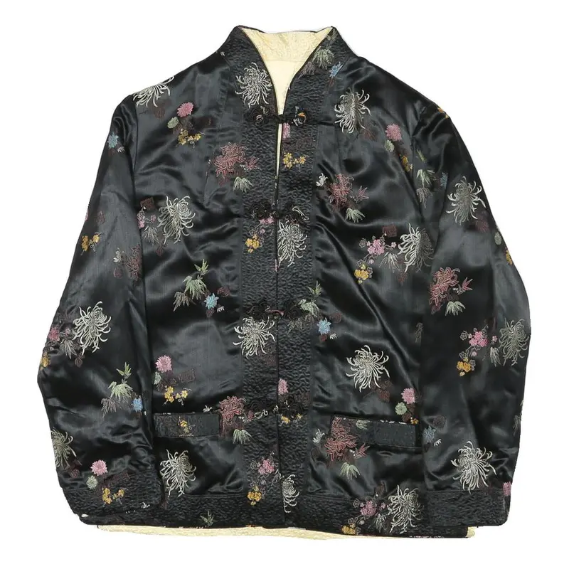 Womens Black & Cream Reversible Floral Pattern Jacket M Silk Blend Button 1