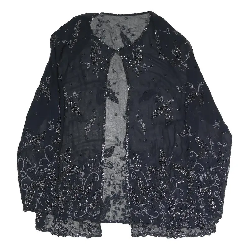 Womens Black Embroidered Beaded Sheer Jacket L Woven Elegant Detailed 1