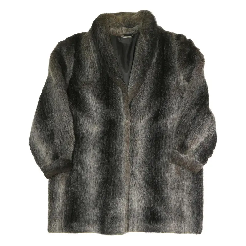 Womens Black Faux Fur Button Jacket L Polyester Blend Soft Plush Outerwear 1