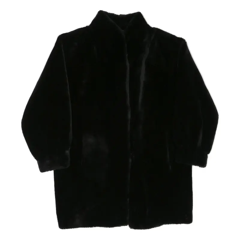Womens Black Faux Fur Button Jacket M Polyester Blend Plush Winter Outerwear 1
