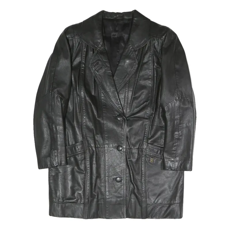 Womens Black Faux Leather Button Jacket L Woven Classic Stylish Outerwear 1
