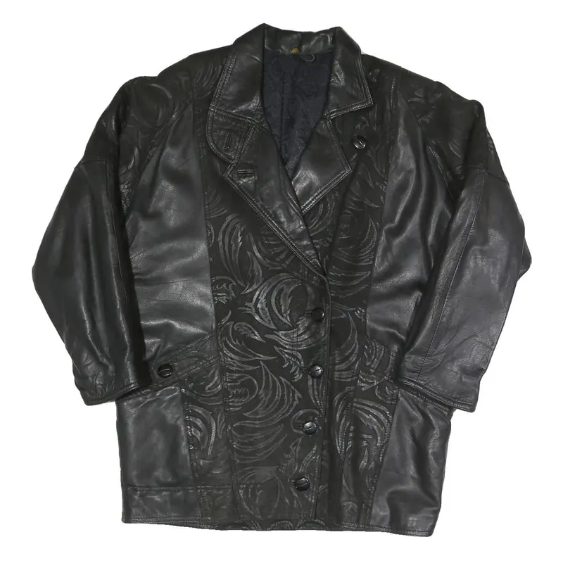 Womens Black Faux Leather Button Jacket Xl Woven Leaf Pattern Button Closure 1