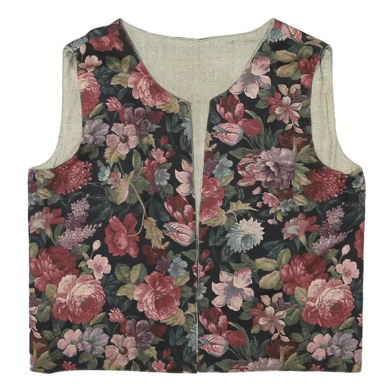 Womens Black Floral Cotton Blend Jacket S Woven Sleeveless Vest Top 1