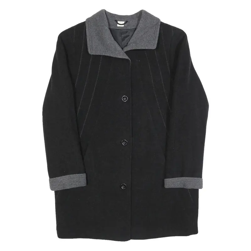 Womens Black & Grey Button Wool Blend Jacket Uk 12 Classic Long Sleeve Plain 1