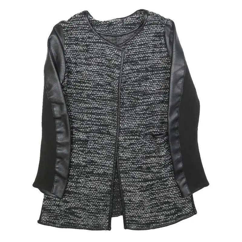 Womens Black & Grey Tweed Textured Jacket S Faux Leather Sleeves Open Front 1
