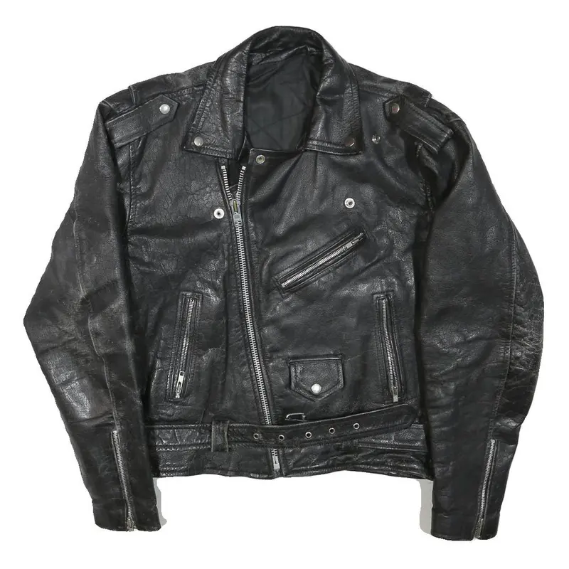 Womens Black Leather Biker Jacket L Woven Asymmetric Zip Zipped Pockets 1