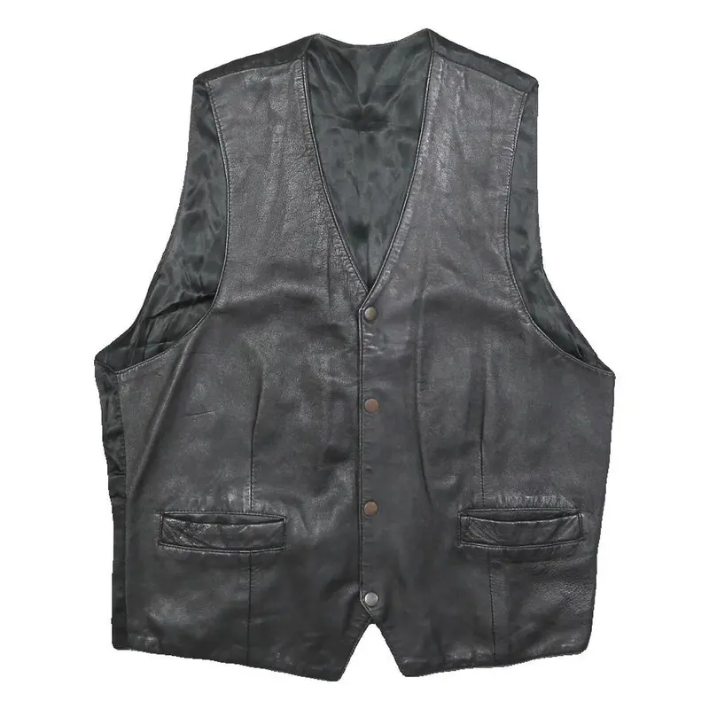 Womens Black Leather Button Jacket L Woven Classic Vest Style 1