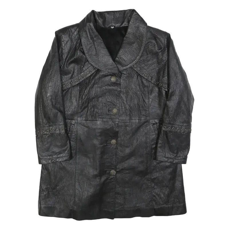 Womens Black Leather Button Jacket M Plain Classic Stylish Eyelet Detail 1