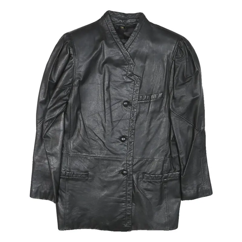 Womens Black Leather Button Jacket Xs Plain Stylish Classic Fit Soft 1