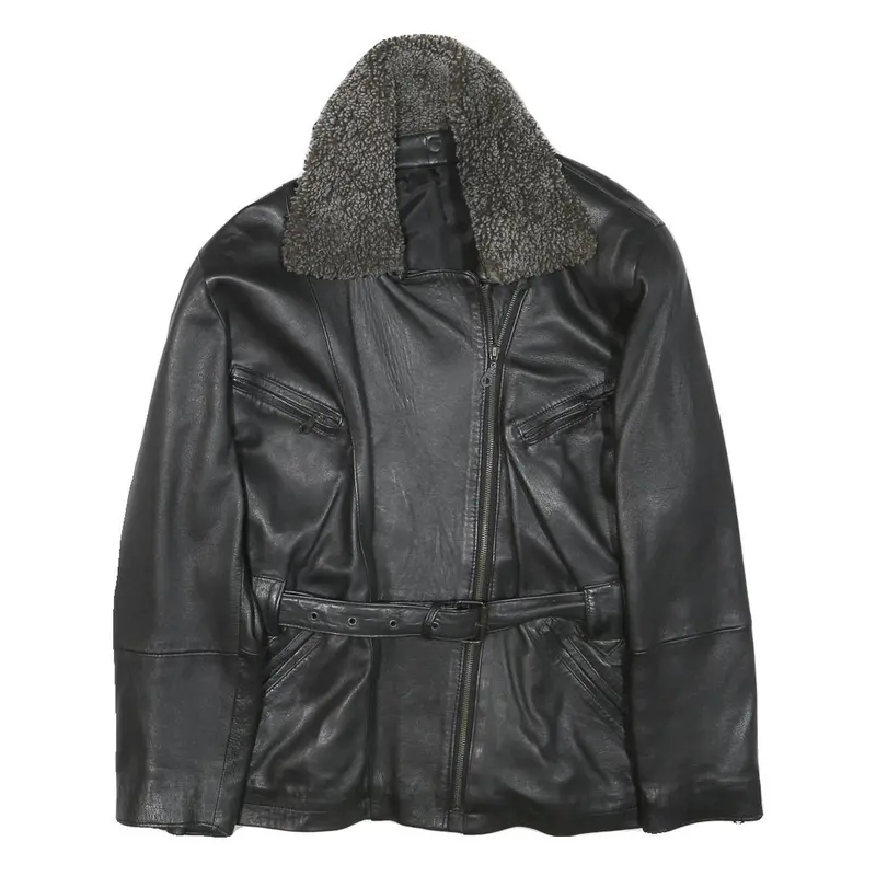 Womens Black Leather Jacket S Zip Faux Shearling Collar Classic Biker Outerwear 1