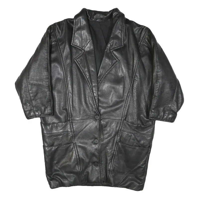 Womens Black Leather Jacket Xl Button Closure Plain Soft Genuine 1