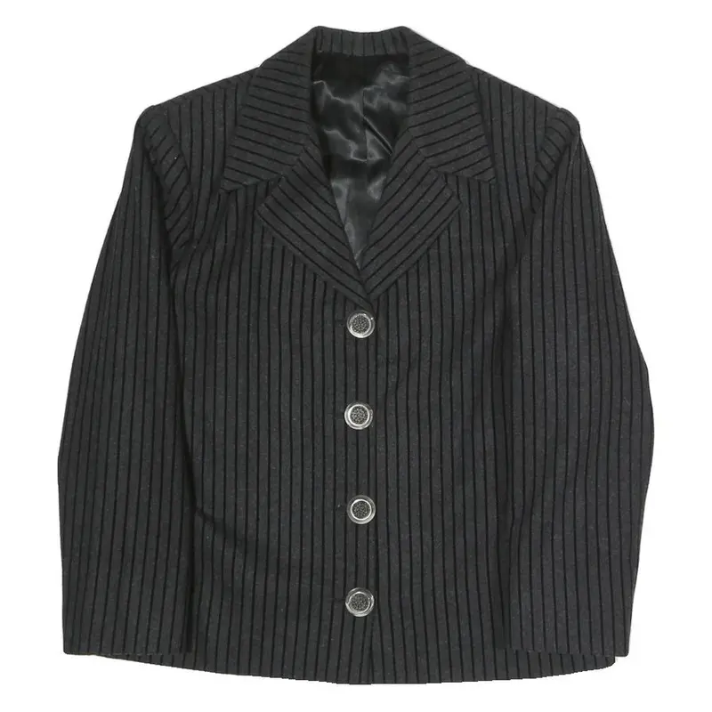 Womens Black Pinstripe Button Jacket M Polyester Blend Classic Formal Wear 1