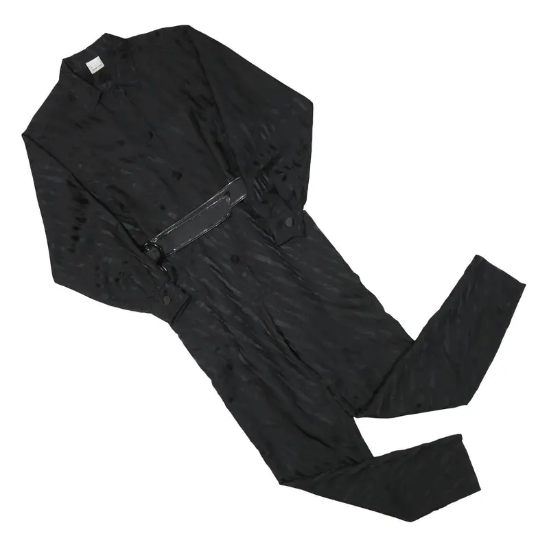 Womens Black Plain Playsuit S Collar Long Sleeve Zip Polyester Blend 1