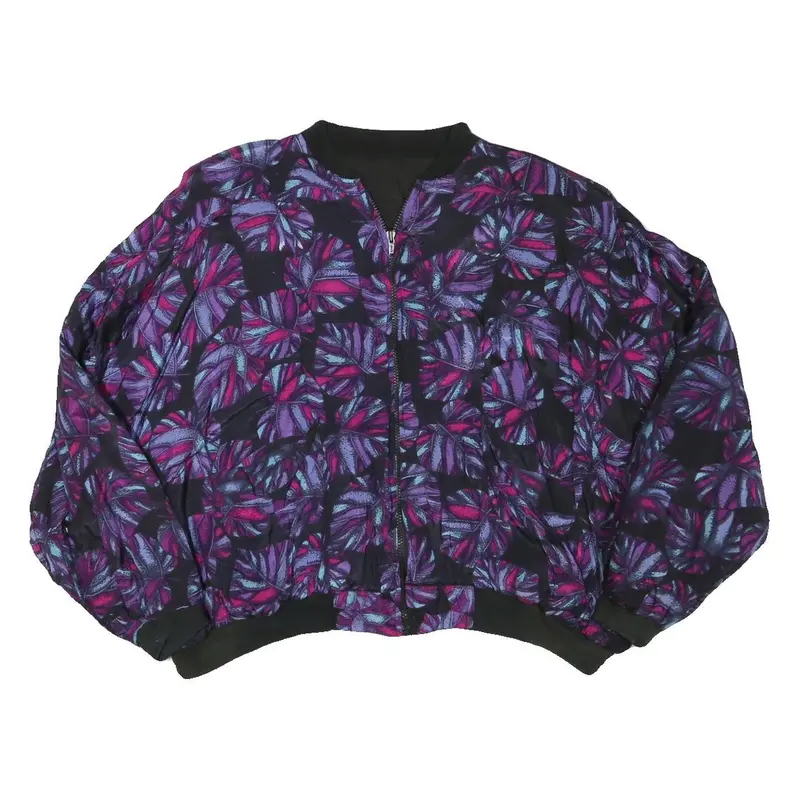 Womens Black Purple Leaf Print Casual Zip Jacket L Polyester Blend Bomber 1
