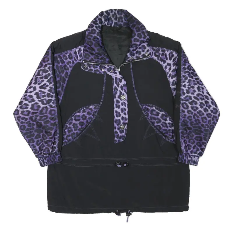 Womens Black & Purple Leopard Print Jacket L Polyester Blend Zip Casual Stylish 1
