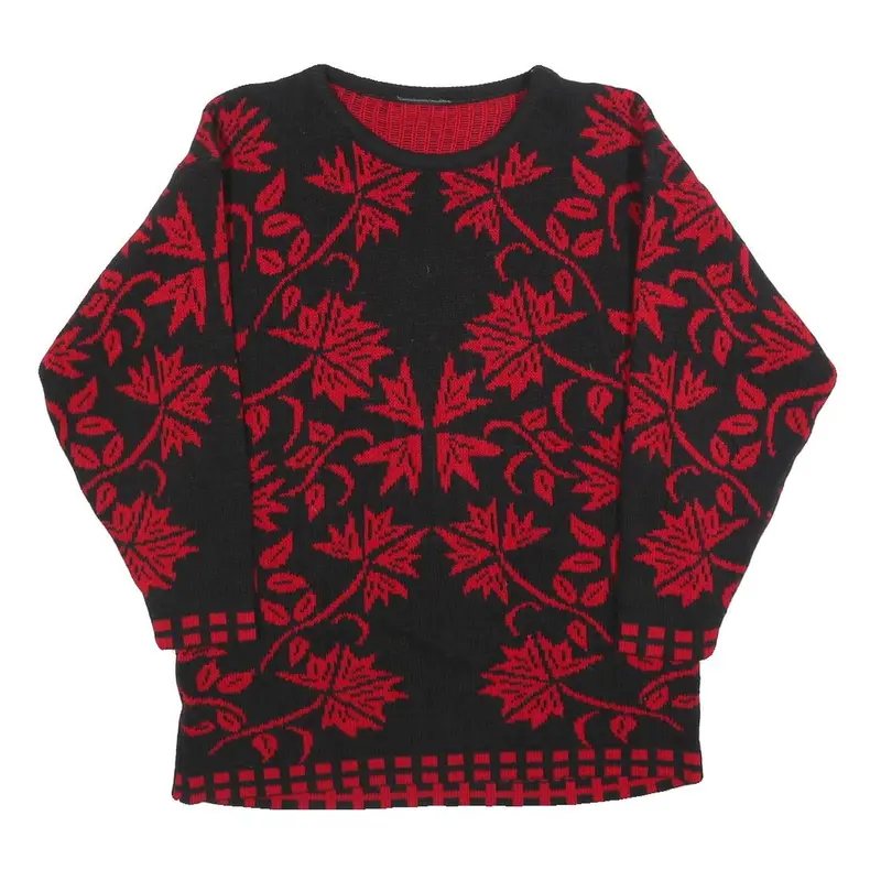 Womens Black & Red Patterned Jumper Round Neck Basic Knit S Elegant Leaf Design 1
