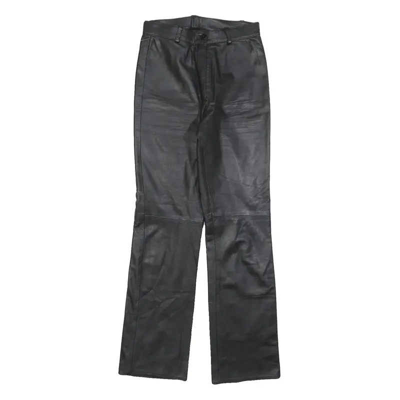 Womens Black Regular Leather Trousers W26 L32 Zip Closure Straight Leg 1