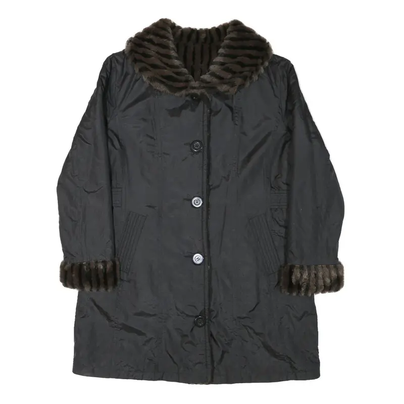 Womens Black Reversible Faux Fur Collar Button Jacket M Polyester Blend Classic 1