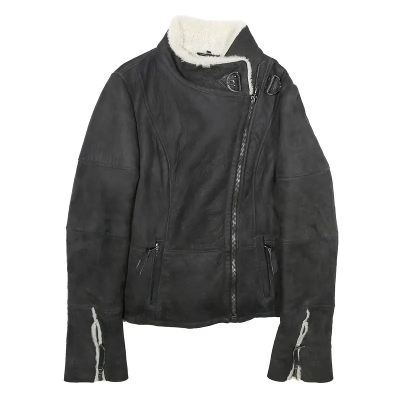 Womens Black Shearling Jacket M Zip Closure Plain Stylish Warm Winter Outerwear 1