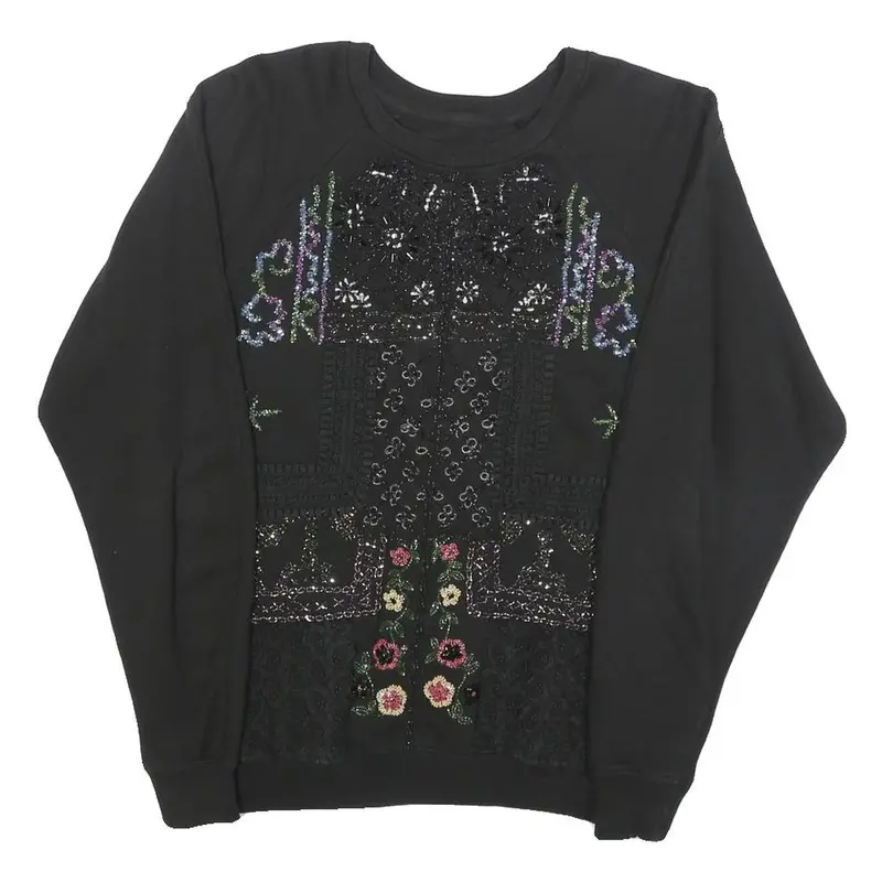Womens Black Sweatshirt Embroidered Floral Crew Neck S Cotton Blend Stylish 1