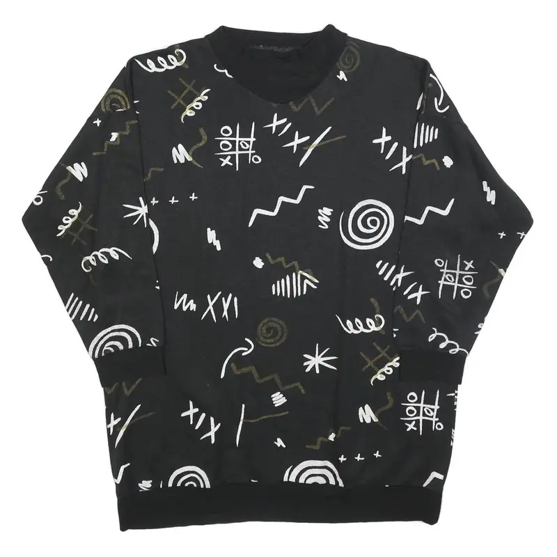 Womens Black Sweatshirt V Neck Xl Abstract Print Cotton Blend Relaxed 1