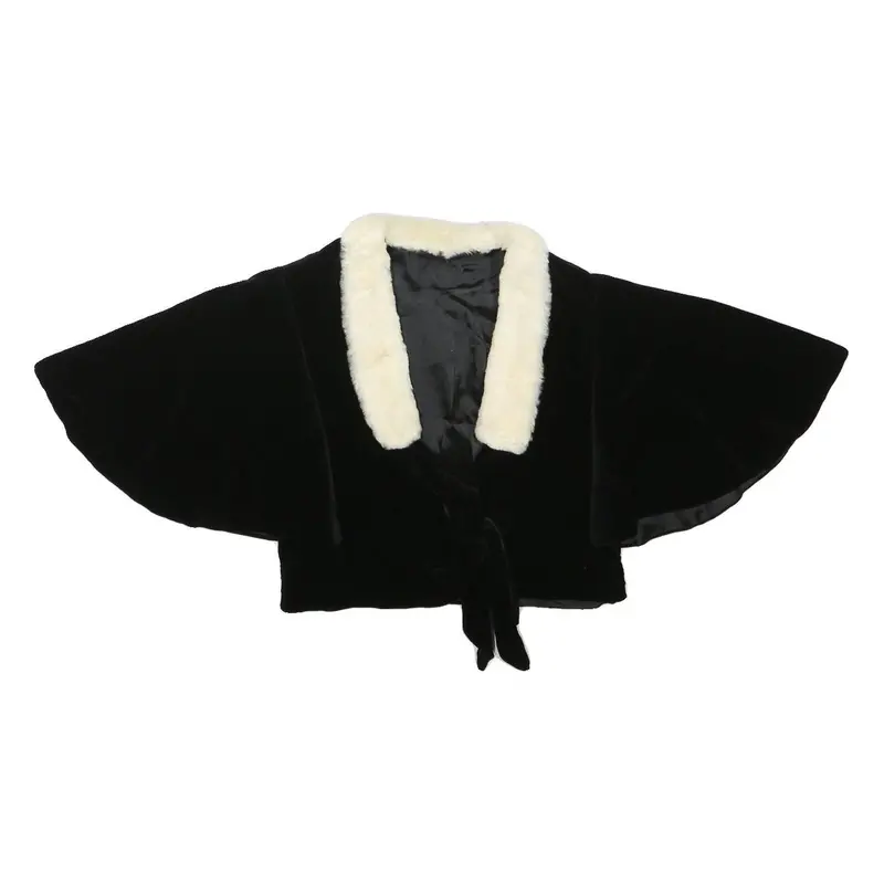 Womens Black Velvet & Cream Faux Fur Collar Cropped Jacket Xxs Polyester Blend 1