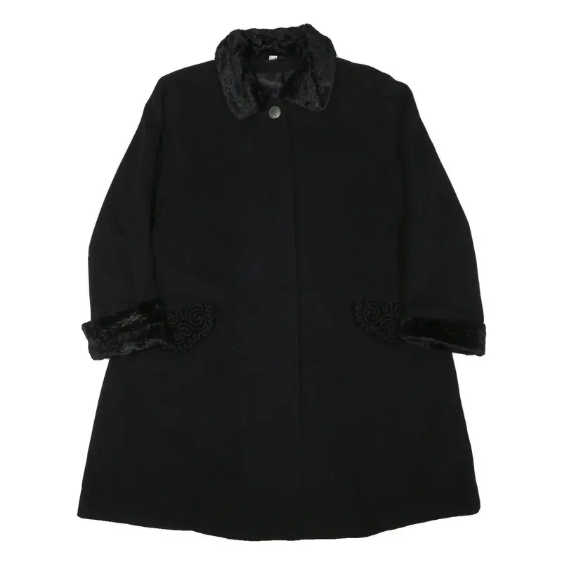 Womens Black Wool Plain Button Jacket L Fur Trim Classic Fit Elegant 1