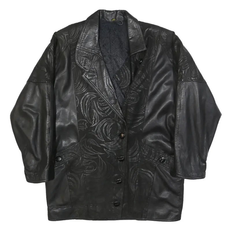 Womens Black Xl Leather Button Jacket Plain Artistic Pattern Detailed 1