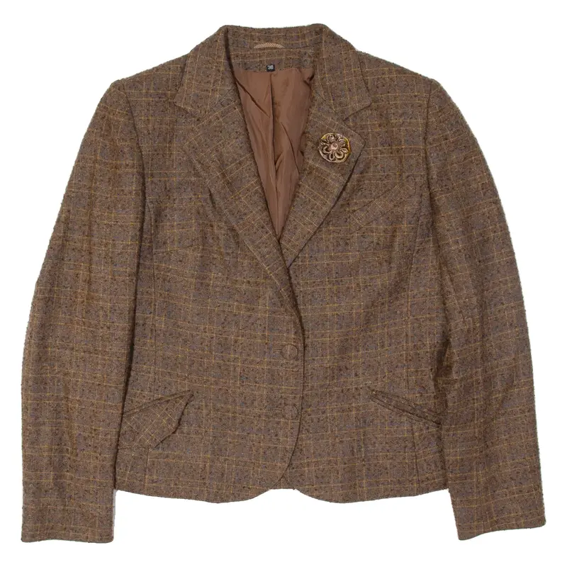 Womens Blazer Jacket Brown Wool 90S Plaid S 1