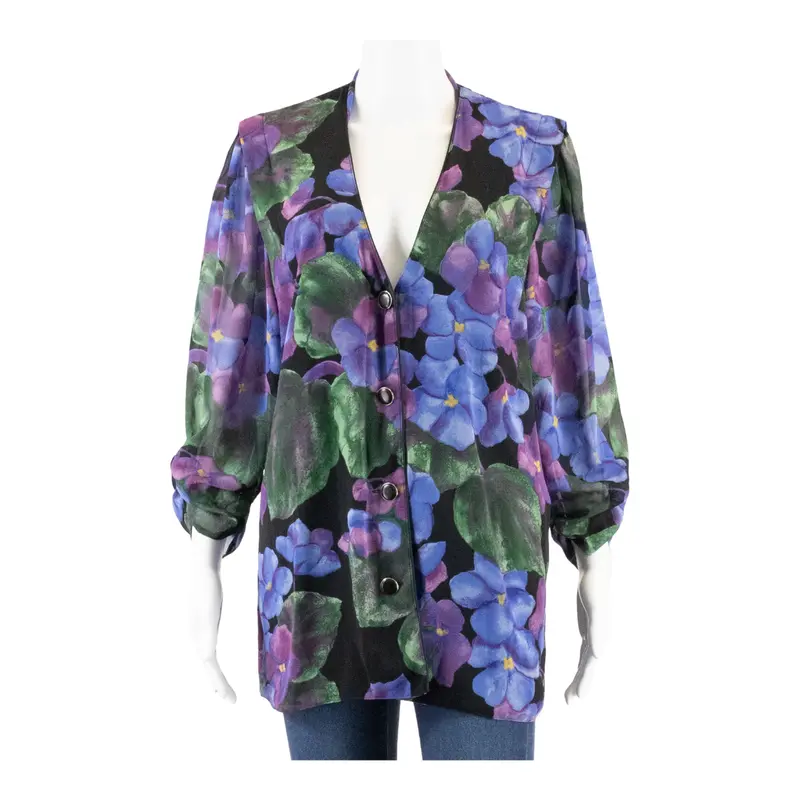 Womens Blouse Black V-Neck 3/4 Sleeve Floral M 1