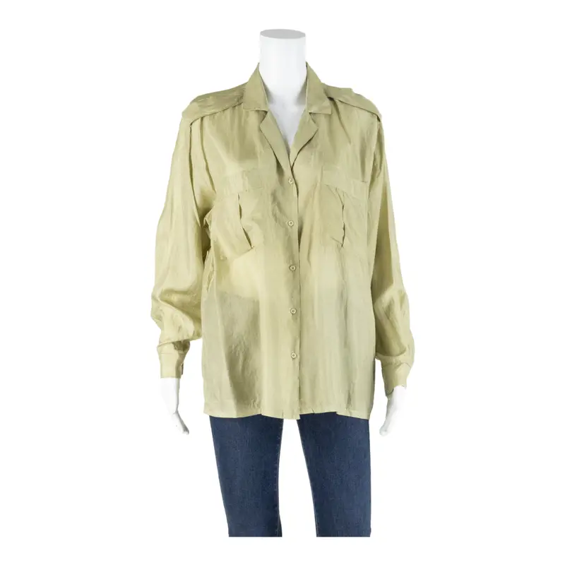 Womens Blouse Green V-Neck Long Sleeve Silk L 1