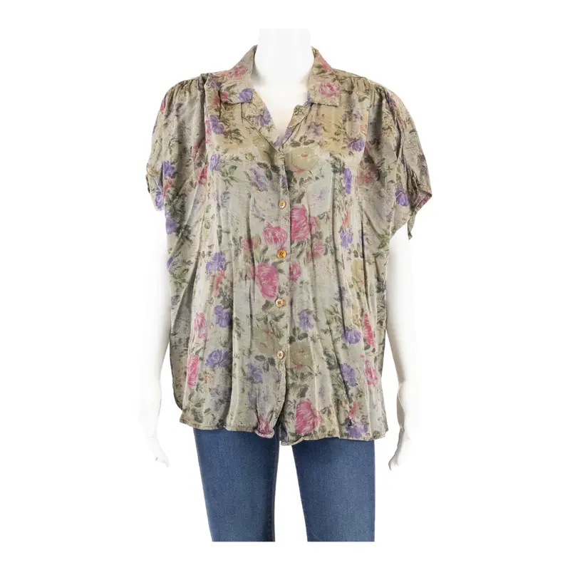 Womens Blouse Grey Collared Floral Xl 1