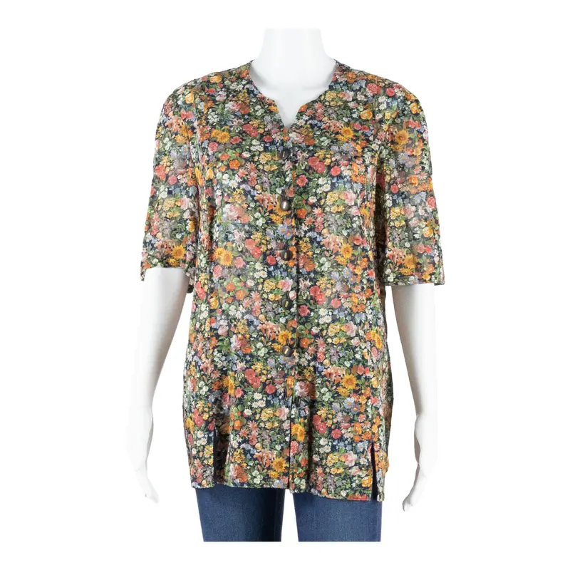 Womens Blouse Shirt Green V-Neck Floral M 1