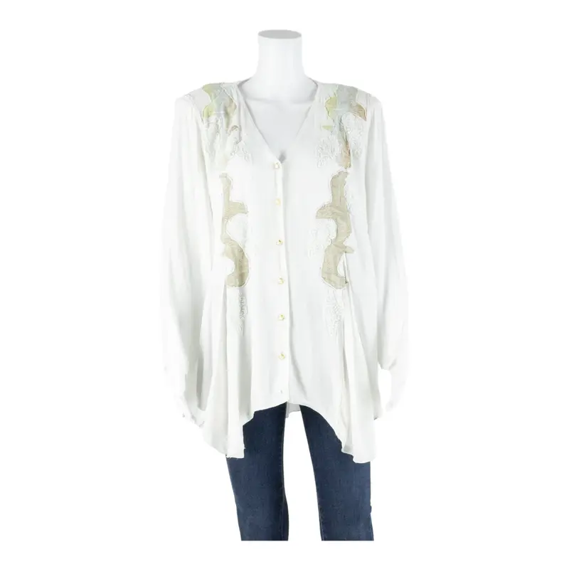 Womens Blouse White V-Neck Long Sleeve L 1