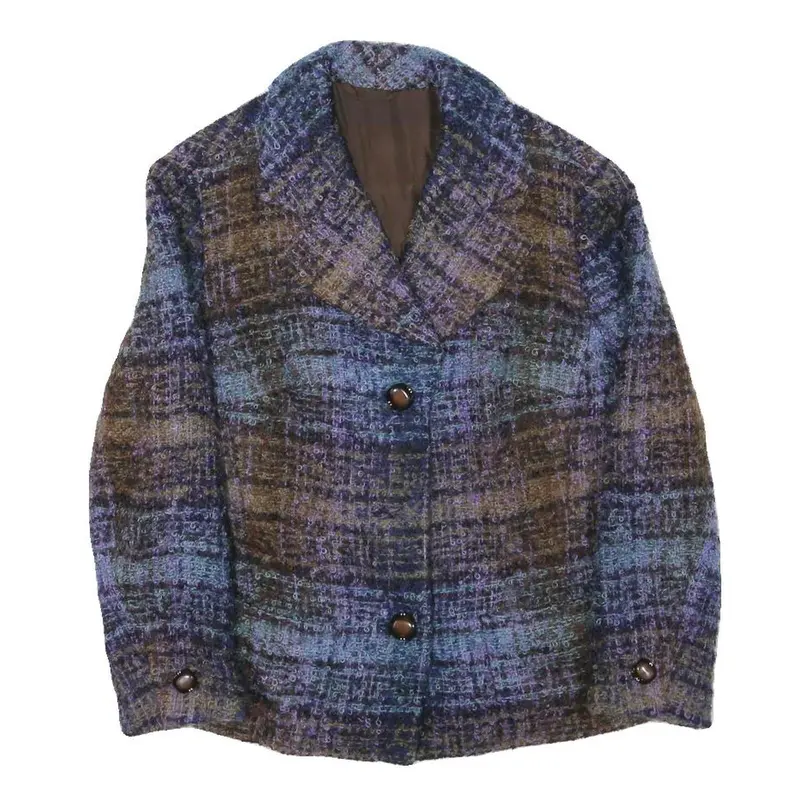Womens Blue Brown Check Button Jacket Xs Polyester Blend Classic Casual 1
