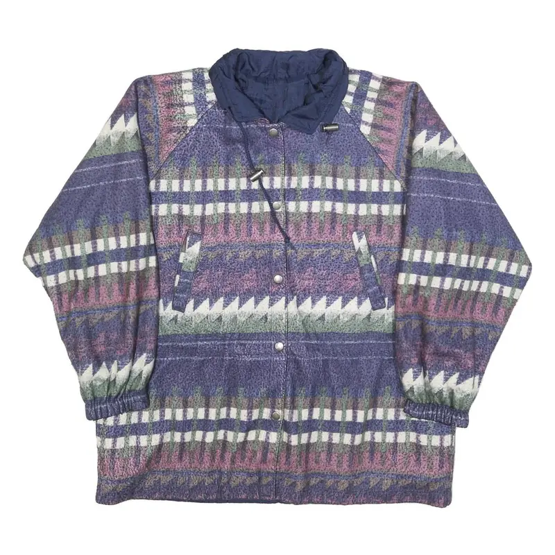 Womens Blue Button Jacket L Polyester Blend Patterned Cosy Warm Casual 1