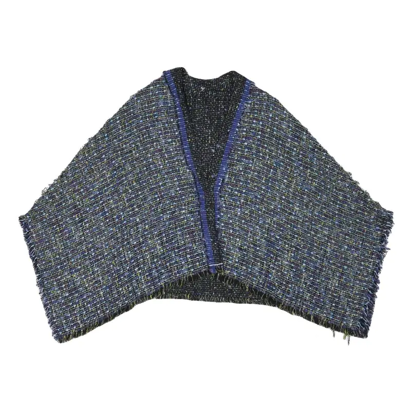 Womens Blue Colourblock Button Jacket L Polyester Blend Tweed Cropped Chic 1