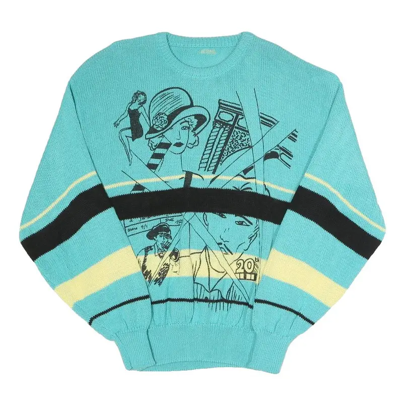 Womens Blue & Cream Cartoon Pattern Cotton Blend Patterned Crew Neck Basic Knit 1